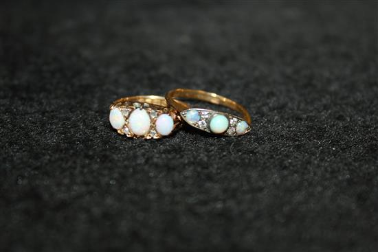 2 x 18ct gold, opal and diamond rings